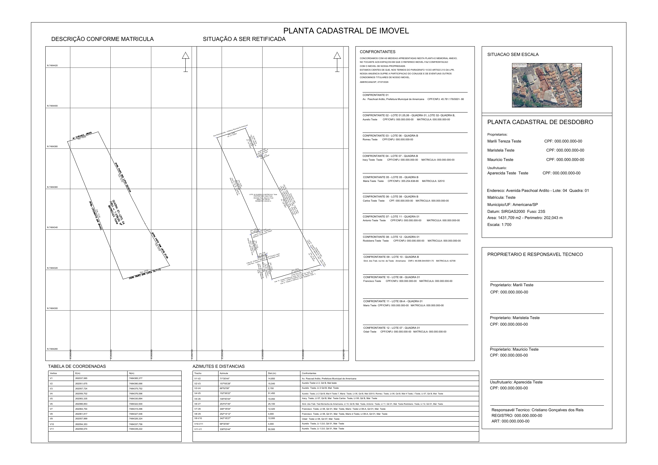 Prancha cadastral completa produzida dentro do AutoCAD com o REIS TOOLS