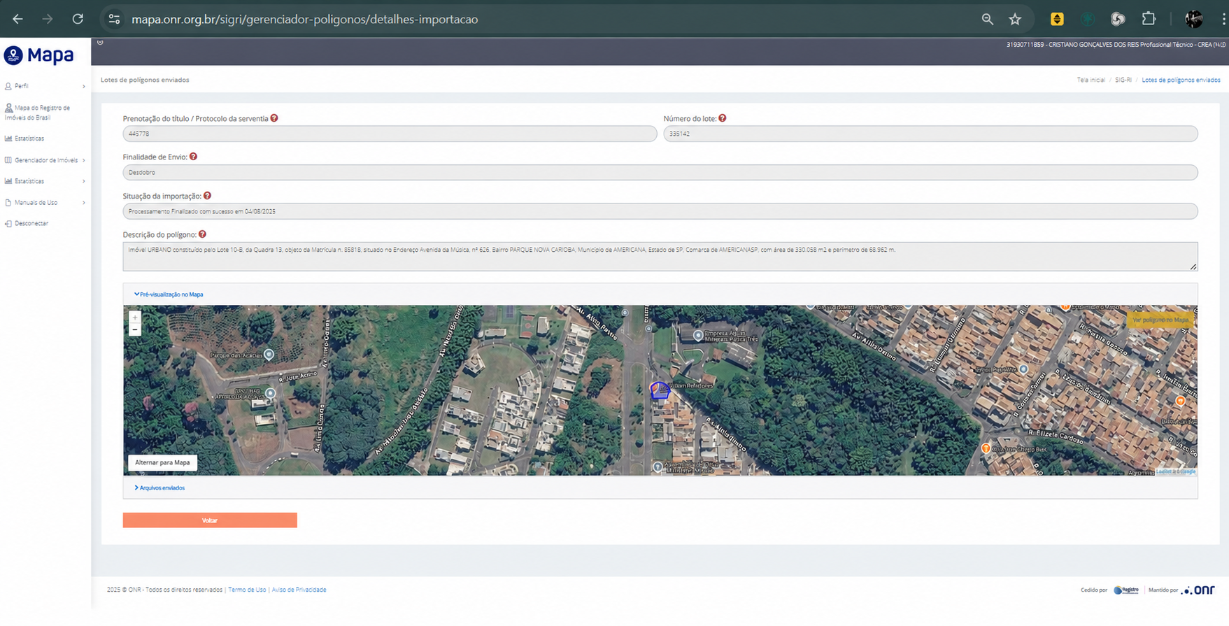 Shapefile com curva processado com sucesso no SIG-RI