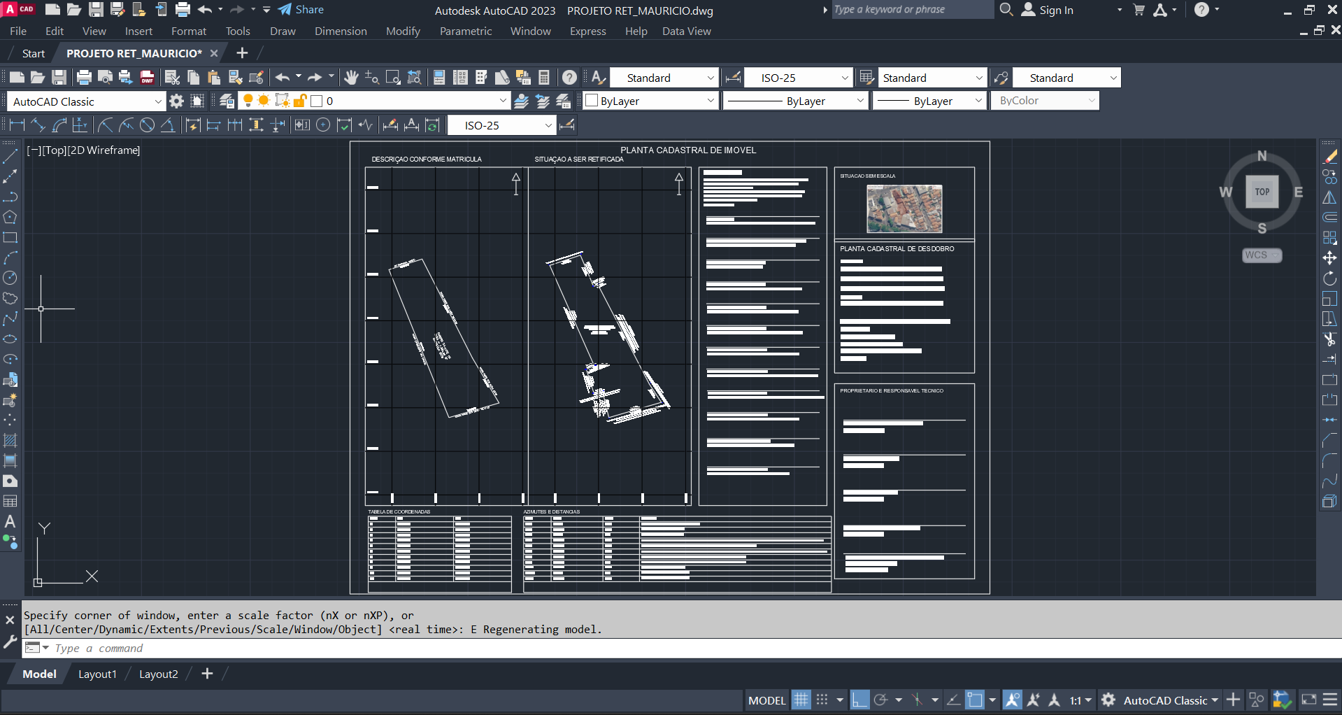 Projeto real de retificação de área aberto no AutoCAD